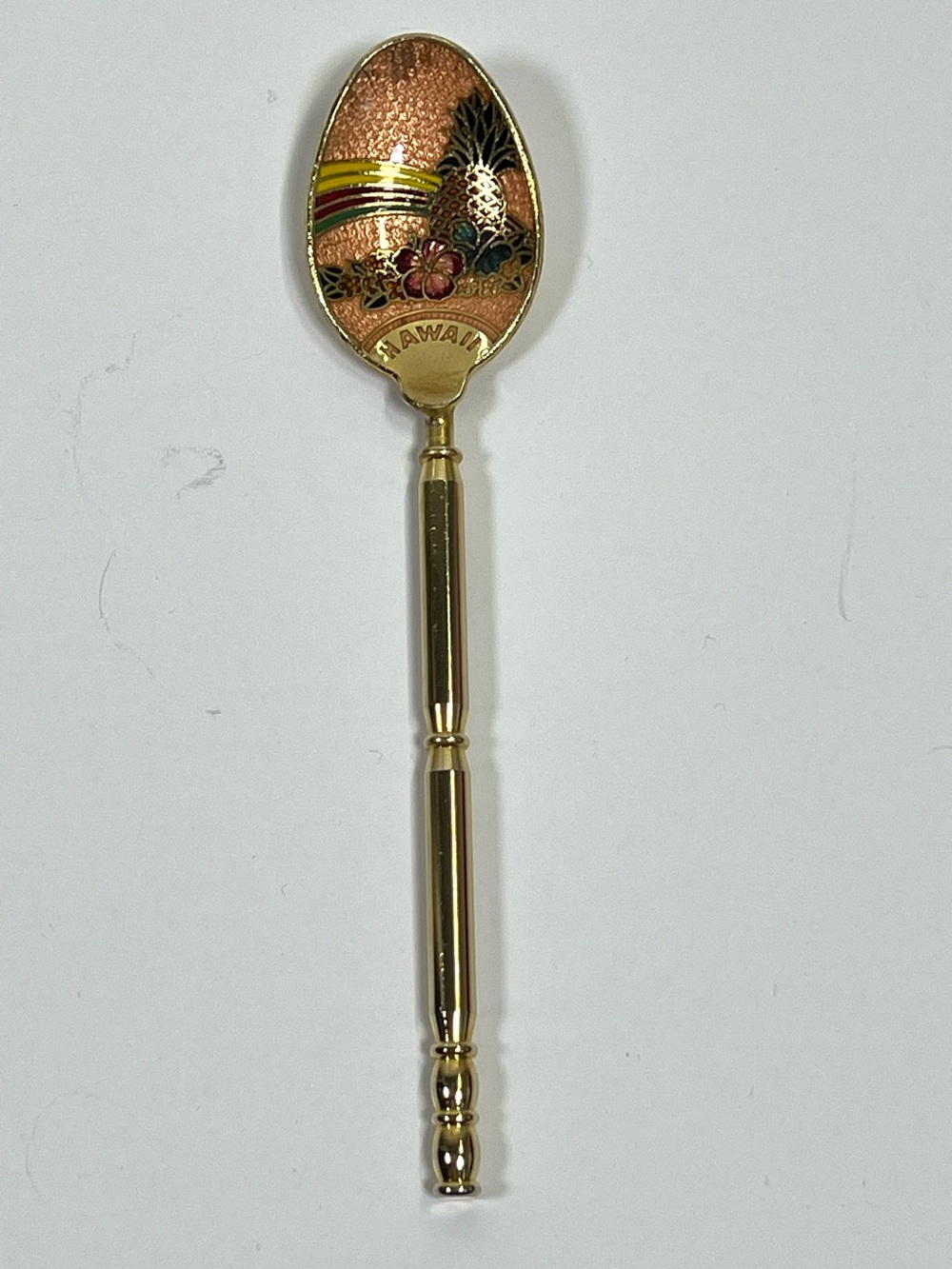 Vintage Collectible Goldtone Cloisonné Pineapple Hibiscus Design Souvenir Spoon